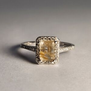 925 Golden Rutilated Quartz Halo Ethereal Statement Ring Sz 8